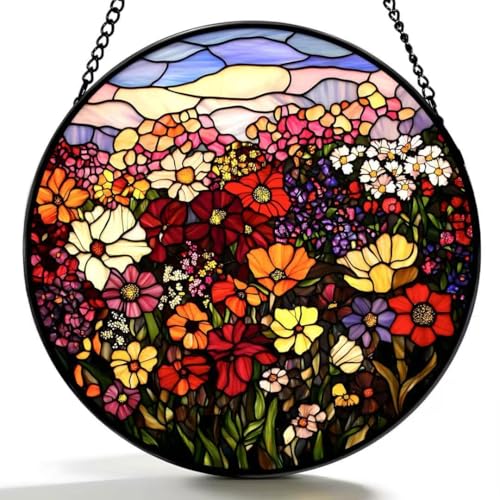 Argodaze Stained Glass Window Hanging Ornament, Flowers and Green Leaves Suncatcher for Window Home Decor Bithday Christmas Monther's Day Gifts for Women Men and Mom (Multicolour, 6.3 * 6.3 in)