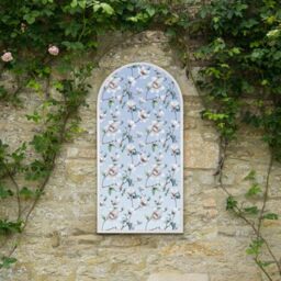 "MirrorOutlet The Typis - White Metal Frame Edged Modern Round Arch Edge Garden Wall Mirror With Flower Printed Decal 47"" x 24"" (120CM X 60CM)"