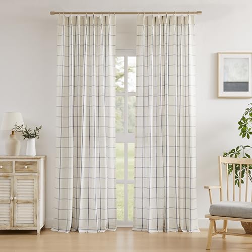 "Vision Home Blue Plaid Linen Pinch Pleated Semi Sheer Curtains Checkered Light Filtering Window Panels 95 inches Long for Living Room Bedroom Rustic Pleat Drapes with Back Tab Hooks 40"" Wx95 Lx2"