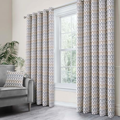 Curtina - Grey Woven Curtains W90 x L90 (229 x 229cm) - Geometric Eyelet Curtains in Grey/Natural Tones - Chenille Pattern Drapes for Living Room/Bedroom - Door Curtain - Arcadia Collection