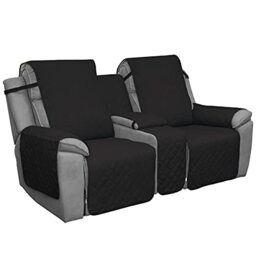 Easy-Going Loveseat Recliner Cover with Console, Reversible Couch Cover for Living Room, Split Sofa Cover for Each Seat with Elastic Straps for Kids, Dogs, Pets(2 Seater, Black/Beige)