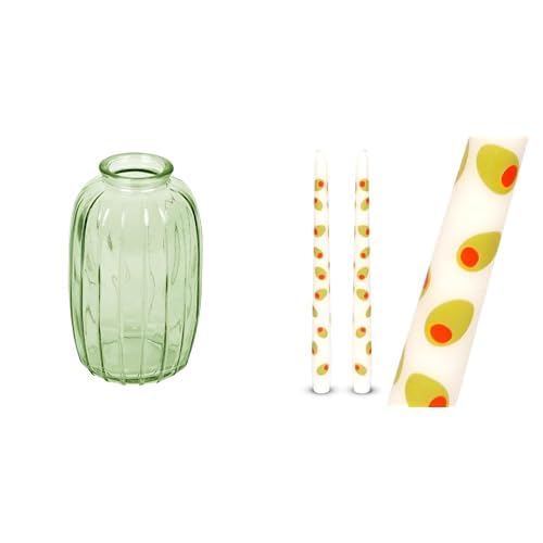 Green Glass Bud Vase 12cm & Olive Design Tapered Dinner Candles Bundle