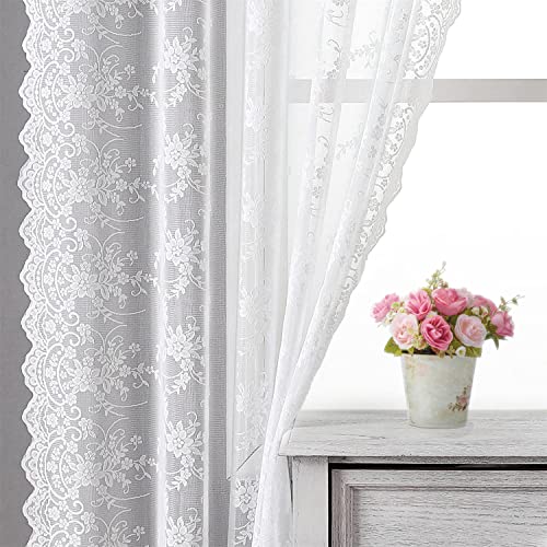 Kotile White Lace Curtains 108 Inches Long - Vintage Vine Floral Embroidered Sheer Lace Curtains for Living Room, Rod Pocket Privacy Lace Window Curtains 2 Panels Set, 52 x 108 Inch, White