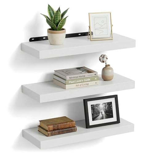 Relaxdays wall shelves, set of 3, HxWxD: 4 x 40 x 23 cm, wood-effect, metal, for living room, hallway, kitchen, white