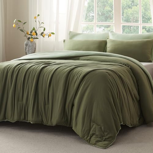 Voguease Full Size Comforter Set, Comforters Full Size Luxury Ultra-Soft Jersey Knit Bedding Set, Olive/Sage Green Lightweight Down Alternative Bed Comforter for All Season, 3 Piece Bedding Set