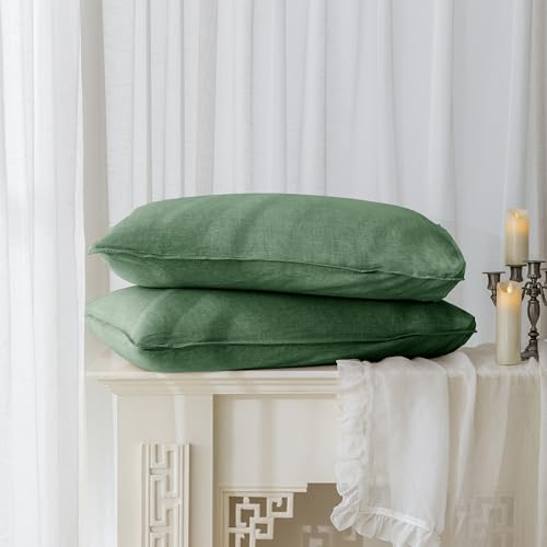 EVERLY 100% Linen Pillowcases Set of 2, Envelope Overlap Closure French Natural Washed Flax Pillowcases 20x26 inches-Forest Green