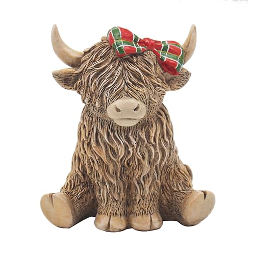Lesser & Pavey Happy Highland, Highland Cow Tartan Bow Figurines Statues For Home Decor - Ideal Ornaments Friendship Gifts For Women & Men - Lovely Table Centerpiece & Living Room Accessories
