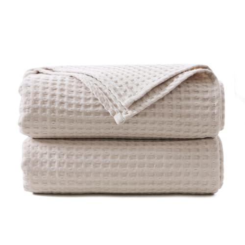 "Zaizaihome 100% Egyptian Cotton Waffle Weave Throw Blanket for Bed Couch Sofa Home Decor, Soft Lightweight Bed & Couch Blanket for All Seasons (Light Khaki - Twin Size - 66 * 90"")"