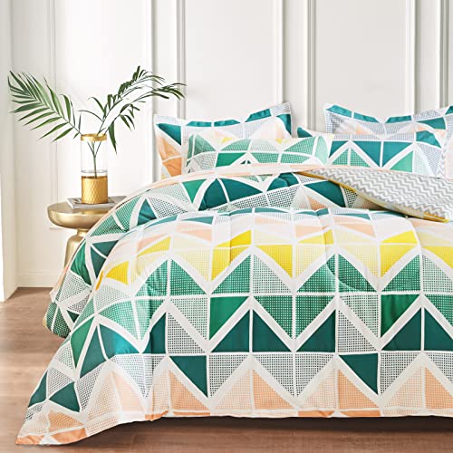Green Yellow Bed in a Bag 7 Pieces King Size Comforter Sheet Set Triangles Print Microfiber Summer Soft Complete Bedding Set (1 Comforter 2 Pillow Shams 1 Flat Sheet 1 Fitted Sheet 2 Pillowcases)