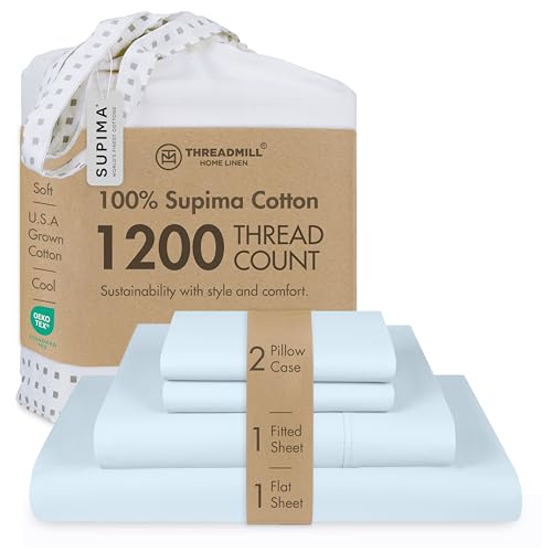 "Threadmill 1200TC Supima Cotton Full Sheet Set, Sateen, Light Blue, 4-Piece - 100% Supima Cotton, Sateen Weave, 4-Piece Set, 17"" Deep Pocket, Hotel Quality, OEKO-TEX Certified, Machine Washable"