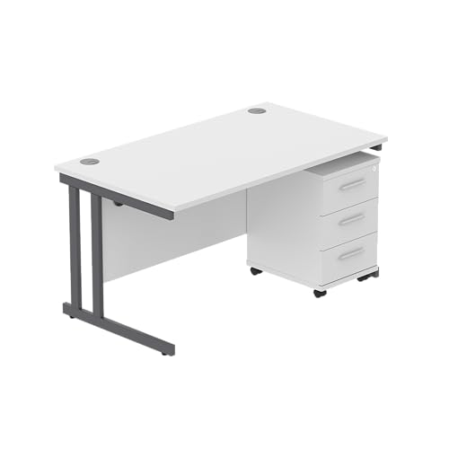 Office Hippo Heavy Duty Contract Grade Office Desk Workstation and Lockable 3-Drawer Pedestal Set, 120kg Weight Tolerance, 5-Year Warranty, FSC Certified, Arctic White, Graphite Legs, 1400 x 800mm
