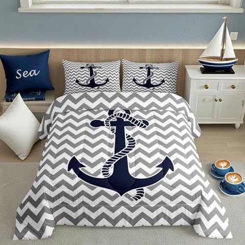 Nautical Anchor Comforter Set Queen Size,Geometric Gray Stripe Bedding Set 3pcs for Kids Teens Adults Room Decor,Ocean Adventure Themed Quilted Duvet Modern Abstract Duvet Insert,2 Pillowcases