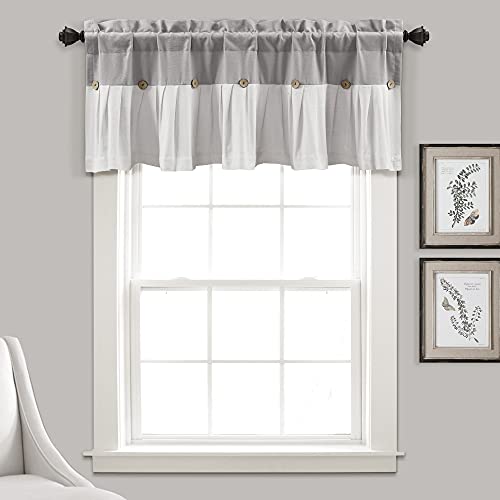 "Lush Decor Linen Button Farmhouse Valance, 52"" W x 18"" L, Gray & Off-white - Rustic Kitchen Valance With Coconut Husk Button Detail"