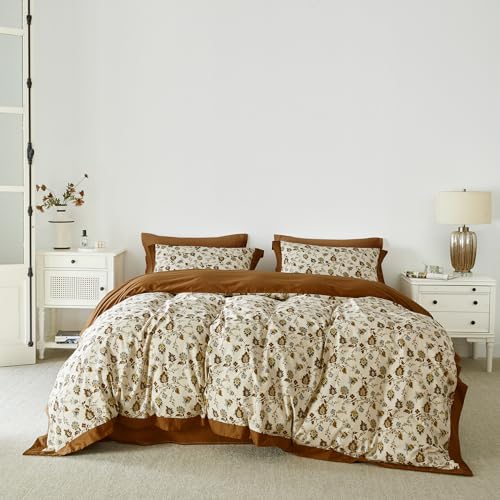 YuHeGuoJi Burnt Orange Flower Duvet Cover Queen 100% Cotton 3 Pcs Set 1 Caramel Botanical Duvet Cover with Zipper Ties 2 Pillow Shams Decorative Brown Beige Floral Paisley Wide Trim Bedding Set