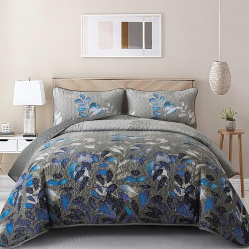 WONGS BEDDING Floral Quilt Set Grey Blue Botanical Bedspreads Coverlet Set-YS01AC081825AF-A