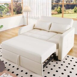 Ball & Cast 2 Seater Sofa Bed, Double Sofa Bed 180 x 127 cm, Foldable Convertible Sofa Bed with Adjustable Backrest, Linen Bed Settee for Living Room Guest Room, Off White