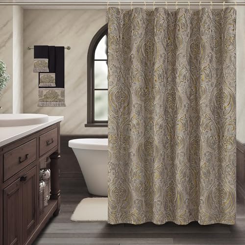 Loom and Mill Textured Fabric Shower Curtain Set with 12 Metal Hooks, Royal Jacquard Damask Bathroom Shower Curtain Sets, Waterproof Heavyweight Shower Curtain for Home Bathroom(72x72, Taupe+Gold)