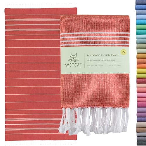 WETCAT Original Turkish Beach Towel (39x71) - Prewashed Peshtemal 100% Cotton Highly Absorbent Quick Drying and Ultra Soft Machine Washable Stylish Eco Friendly - [Red]
