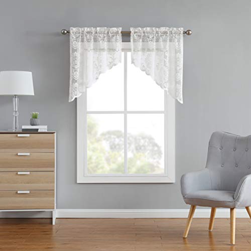 LinenZone Lace Kitchen Swags. Window Treatment for Kitchen or Small Window. Lace Swags Can Be Combined with Matching Tiers or Valance for a Charming Farmhouse Look. (Fiona 30 x 38 Ivory)