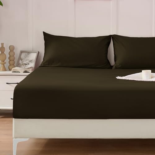 Homiest 3PCS Pure Cotton Fitted Sheet & Pillowcase Set, King Size, 400 Thread Count, Soft & Breathable, 15 Inch Deep Pocket, Luxury 5-Star Hotel Quality Cotton Sheets, Chocolate Brown