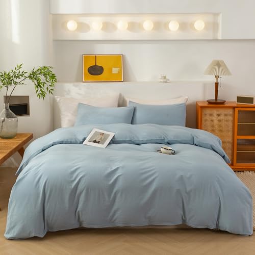 ECOCOTT Haze Blue Duvet Cover King Size, 3 Piece 100% Washed Cotton 1 Duvet Cover with Zipper and 2 Pillowcases, Ultra Soft and Easy Care Breathable Cozy Bedding Set(Haze Blue,King)