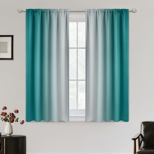 SimpleHome Ombre Room Darkening Curtains for Living Room, Rod Pocket Light Blocking Gradient Teal to Greyish White Thermal Insulated Window Drapes for Bedroom, 2 Panels, 52x45 inches Length
