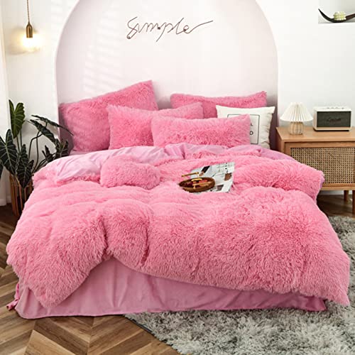 HugeHug Shaggy Duvet Cover Bedding Set - Long Faux Fur Soft (Pink, Full/Queen)