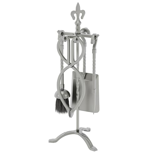 Home Discount Fire Vida 5 Piece Fleur De Lys Fire Companion Set, Pewter Fireside Fireplace