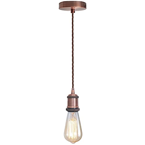 LEDSone Vintage Copper Pendant Light E27 – Twisted Braided Cable Ceiling Hanging Lamp Holder Kit, Adjustable Indoor Lighting Fixture