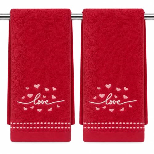 Serafina Home Valentine Bathroom Fingertip Towels- Set of 2 100% Cotton Red Embroidered Love with Small Hearts Design- 12 x 18 Elegant Bath and Kitchen Decor