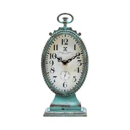 NIKKY HOME Shabby Chic Pewter Round Table Clock Distressed Style, Green