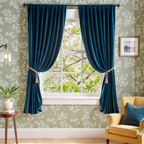 "Lazzzy Velvet Blackout Curtains Thermal Insulated Room Window Drapes Super Soft Luxury Curtains for Living Room Bedroom Rod Pocket 2 Panels, Dark Blue, 52"" W x 72"" L"