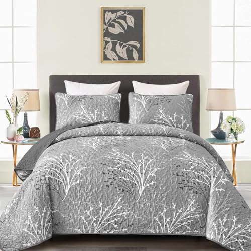 DJY Grey Quilt Set California King Size - Branch Botanical Bedspread Coverlet Set, 3 Piece Gray Floral Quilt Bedding Set Soft Lightweight Summer Bedspread Bedding Cover for All Season
