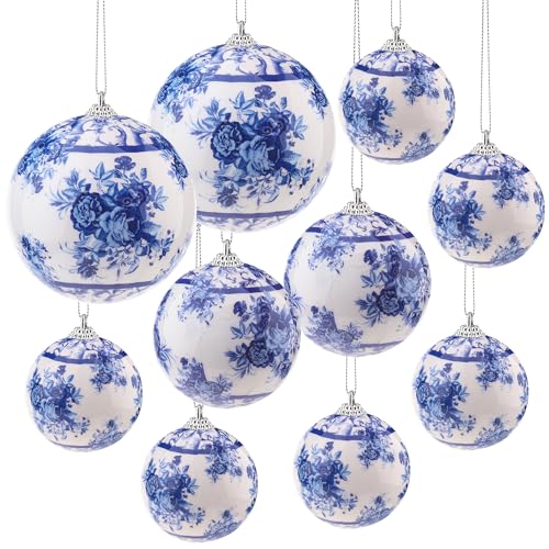 Quancru 10 Pcs White and Blue Christmas Chinoiserie Ornaments Ball Christmas Porcelain Ball Hanging Decoration for Home Tree Xmas Party (Elegant Style)