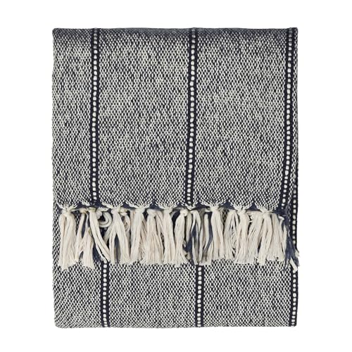 Yard Hedon Throw – Soft Indoor/Outdoor Quick Dry Woven Striped Fringed Blanket (Navy – 130x180cm)