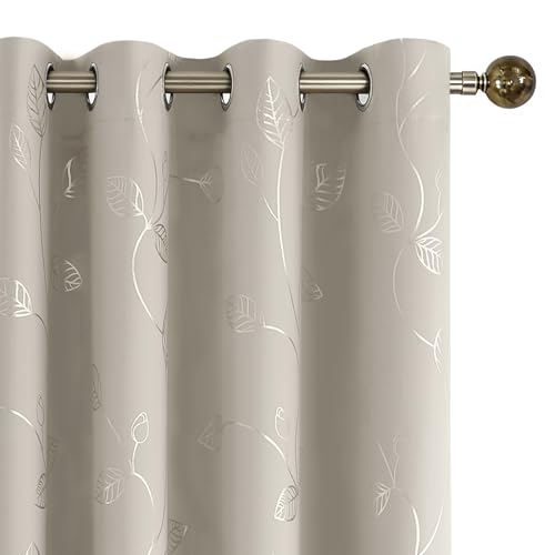 BUHUA White Black Out Curtains 72 Inch Long 2 Panels, Soundproof Curtains with Elegant Silver Leaf Print, Heat Blocking Curtains for Livingroom, 52W x 72L, Natural