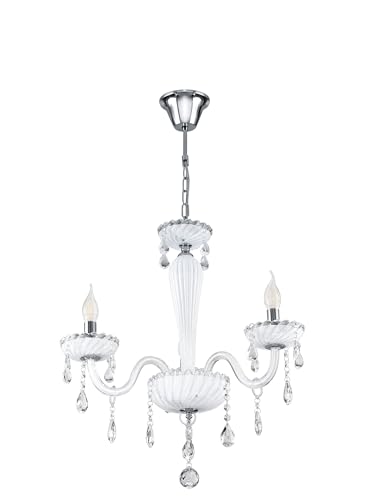 Eglo Pendant Light Carpento, 3-Light Vintage Chandelier, Shabby Chic Hanging Lamp Made of Steel and Glass in Chrome, White, Dining Table Lamp, Hanging Living Room Light with E14 Socket