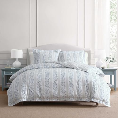 Martha Stewart - Queen Duvet Cover Set, 100% Smooth & Silky Sateen Cotton Bedding, 3 Piece Striped Bedding with Matching Pillowcases (Verbena Stripe Blue)