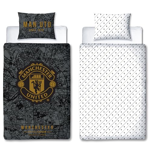 Manchester United FC Officially Licensed Single Duvet Cover Set, Map Design - Black and Grey Reversible 2 Sided Football Bedding Cover Including Matching Pillow Case