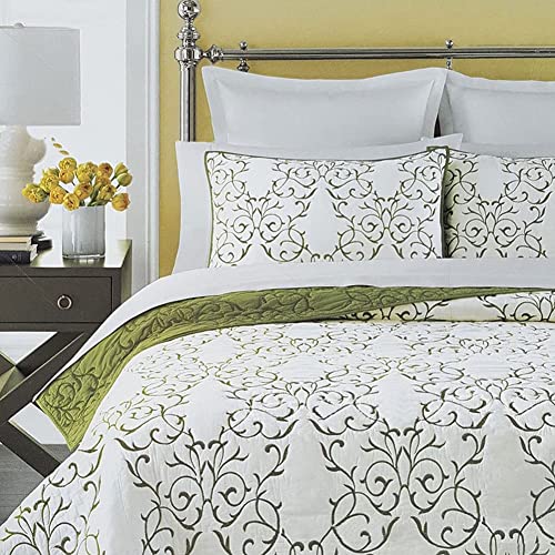 mixinni® Porcelain Series Blue and White Embroidery Quilts 100% Pure Cotton Bedspread Quilt for Summer/Winter (Does Not Include Pillowcases) Green 224 x 234 cm