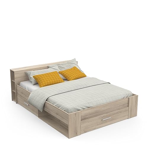 Demeyere Lit 160x200 Avec Rangement Style Contemporain 3 Tiroirs – Coloris Chêne - 169,1 x 226,9 x 74,3 cm