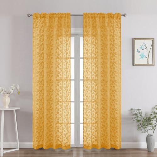 "Chyhomenyc Gold Sheer Curtains 84 Inch Length 2 Panels Set, Light Filtering Tufted Textured Soft Airy Rod Pocket Gentle Leaf Window Treatment Drapes for Bedroom Living Room, 42"" Wx84 L, 2PCS"