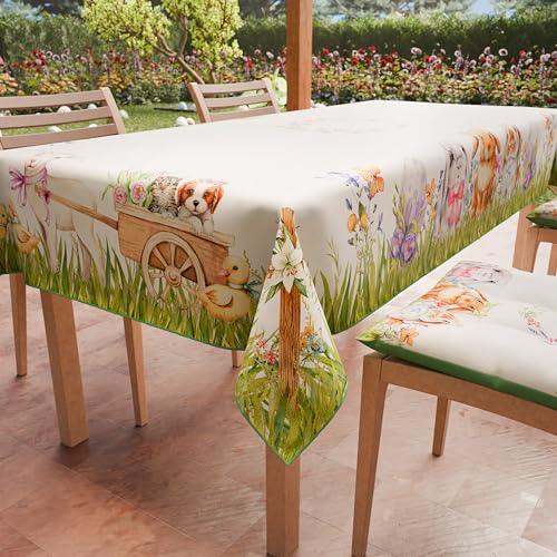 PETTI Artigiani Italiani - Easter Tablecloth Stain Resistant Square 140x140 cm 4 Seats, Microfibre Kitchen Table Cover, Rabbit Design Bunnies, 100% Made in Italy