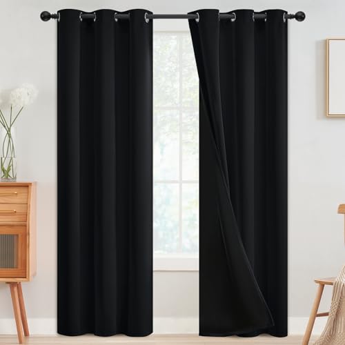 SimpleHome Black 100% Blackout Curtains Room Darkening Living Room 84 Inch - Curtains for Bedroom,Thermal Insulated Grommet Window Drapes,Curtains for Living Room with Black Back,38 x 84 Inch,2 Panels