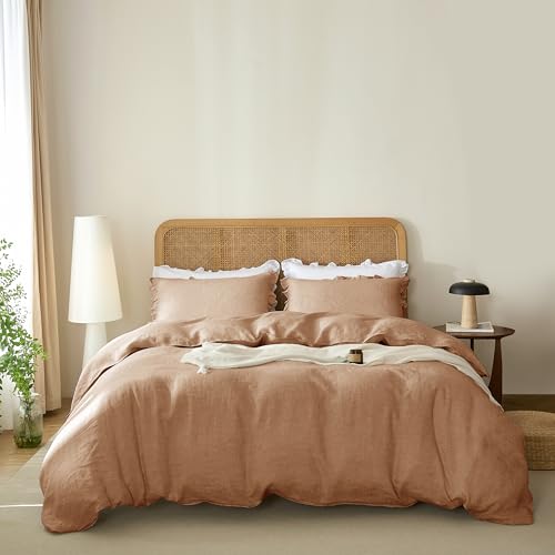 Talasily 100% French Linen Duvet Cover Set 3pc - Zipper Closure & 8 Corner Ties with Ruffled Pillowcases All-Season Breathable Bedding (King,Matcha Brown)