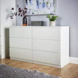 Home Source Lugano High Gloss Chest of 6 Drawers (3+3), Front Compact Bedroom Cabinet, Spacious Wide Dresser Storage, 6 Drawer, White - 40Dx120W x72Hcm