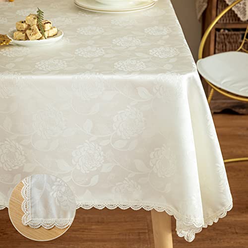 GLORY SEASON Rose Jacquard Textured Tablecloth Waterproof Spillproof Lace Trim Rectangle Table Cloth, Oblong Table Cover for Kitchen Dinning Tabletop Decor,60x120 Inch,Ivory White