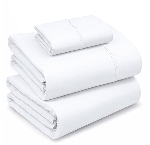 "RUVANTI 100% Cotton Twin Sheets 3 Piece Percale Soft & Breathable 16"" Deep Pocket Hotel Quality Cool & Firm Feel Durable - Dyed Design - Bright White"