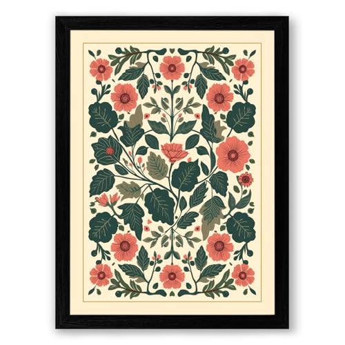 Symmetrical Floral Tapestry Botanical Framed Wall Art Print A2 (59.4×42cm) Black, Wall Decor for Living Room, Bedroom, Office & Home, Ready to Hang, Art Gift