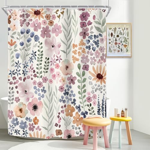 "Small Stall Narrow Cute Floral Flower Rustic Bathroom Shower Curtain Set - 54""W x 78""H Botanical Watercolor waterproof HD print, quick-dry fabric with 12 hooks for easy hanging."